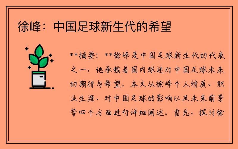 徐峰：中国足球新生代的希望