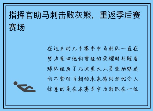 指挥官助马刺击败灰熊，重返季后赛赛场