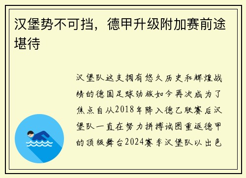 汉堡势不可挡，德甲升级附加赛前途堪待